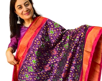Dupatta de seda ikat morada hecha a mano, bufanda de seda festiva