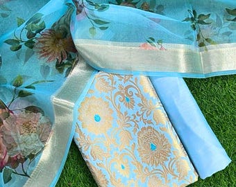 Tela de brocado Banarasi para traje con dupatta de organza estampada/ropa de fiesta