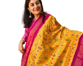 Yellow Handwoven Ikat Silk Dupatta, Festive Wear SILK MARK CERTIFIED