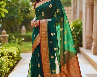 Elegant Green  Silk Organza Saree with Blouse | Lightweight Organza Sarees for Women