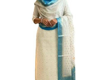 Traje Salwar blanco con dupatta de Chanderi / Tela de vestido de algodón de verano para mujer
