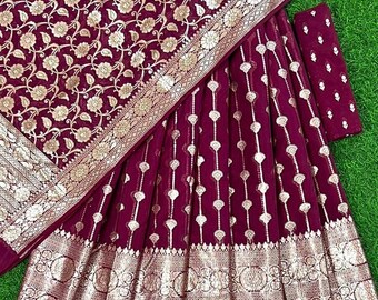 Banarasi Chanderi Osydd Lehenga Choli med Dupatta, Indisk Bröllopsoutfit, Brudtärneklänning