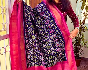 Dupatta de seda ikat azul marino, estola festiva hecha a mano