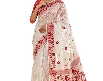 100% katoenen Jamdani Saree | Handgeweven Bengaalse zachte sari, rijke pallu