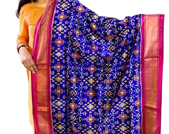 Dupatta de seda ikat azul real tejida a mano, bufanda para boda de Diwali