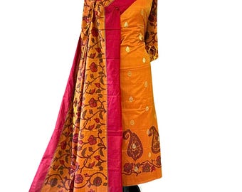 Orange Banarasi Silkesblandning Osydd Kostymset med Vävd Dupatta – Festlig Bröllopskläder