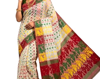 Sari auténtico de algodón Jamdani / Sari transpirable de verano