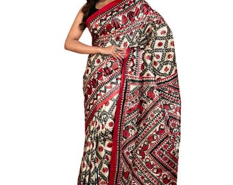 Denna Pure Tussar Silk Saree har invecklad Madhubani Art