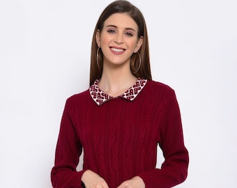 Maroon Wool Blend Sweater for Women Elegant Woolen Pullover