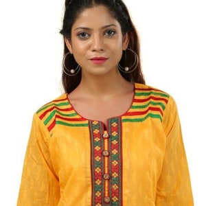 Gele katoenen kurta, gele kurti, geborduurde kurta, Indiase kurti voor dames, borst: 38 inch