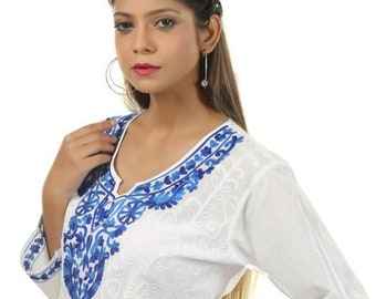 White  Summer kurta   Women , White Kurta for Women  ,  Kurtis for Women  , Embroidered  Tunic , Chest - 40 Inches ,  FREE  SHIPPING