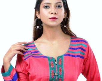 Pink  Cotton Kurta  , Summer Kurti ,  Embroidered  Tunic , Summer Tunic Dress , Chest - 38  Inches ,   FREE  SHIPPING