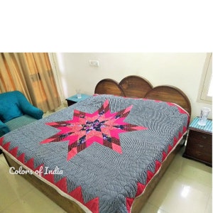 Floral handmade quilt ,  Queen Size Comforter , Queen size Quilt   , Black Quilted Throw  ,  Quilted Bedspread