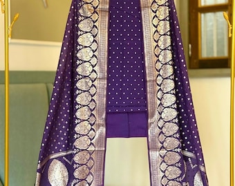 Chanderi Cotton Suit with Dupatta, Handwoven Indian salwar suit  for festive and special occasions