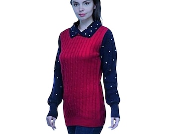 Cable Knit Wool Blend Sweater | Embroidered Dots, Contrasting Sleeves