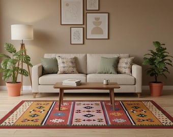 Handvävd ull-bomullsmatta 1,8 x 1,2 m | Geometrisk kelimmatta | Boho tribal inredning