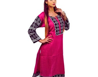 Pink Cotton Pintuck Kurta for Women