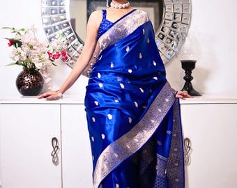 Royal Blue Banarasi Mashru Silk Saree / Boda y Fiesta Wear Saree