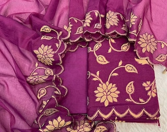 Conjunto de traje con apliques de Chanderi puro / Material de vestido de diseñador sin coser