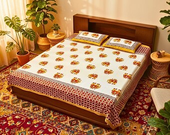 White Handblock Printed Cotton Queen Size  Bedsheet