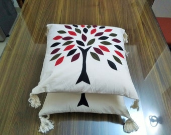 Indian Cotton Cushion Covers , Throw Pillow Boho , Felt Pillows  , Felt  Applique  , Set of  2  Cushion Covers  ,  FREE  SHIPPING