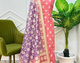Unstitched Chanderi Cotton Suit, Handloom Indian Suit Set with Dupatta