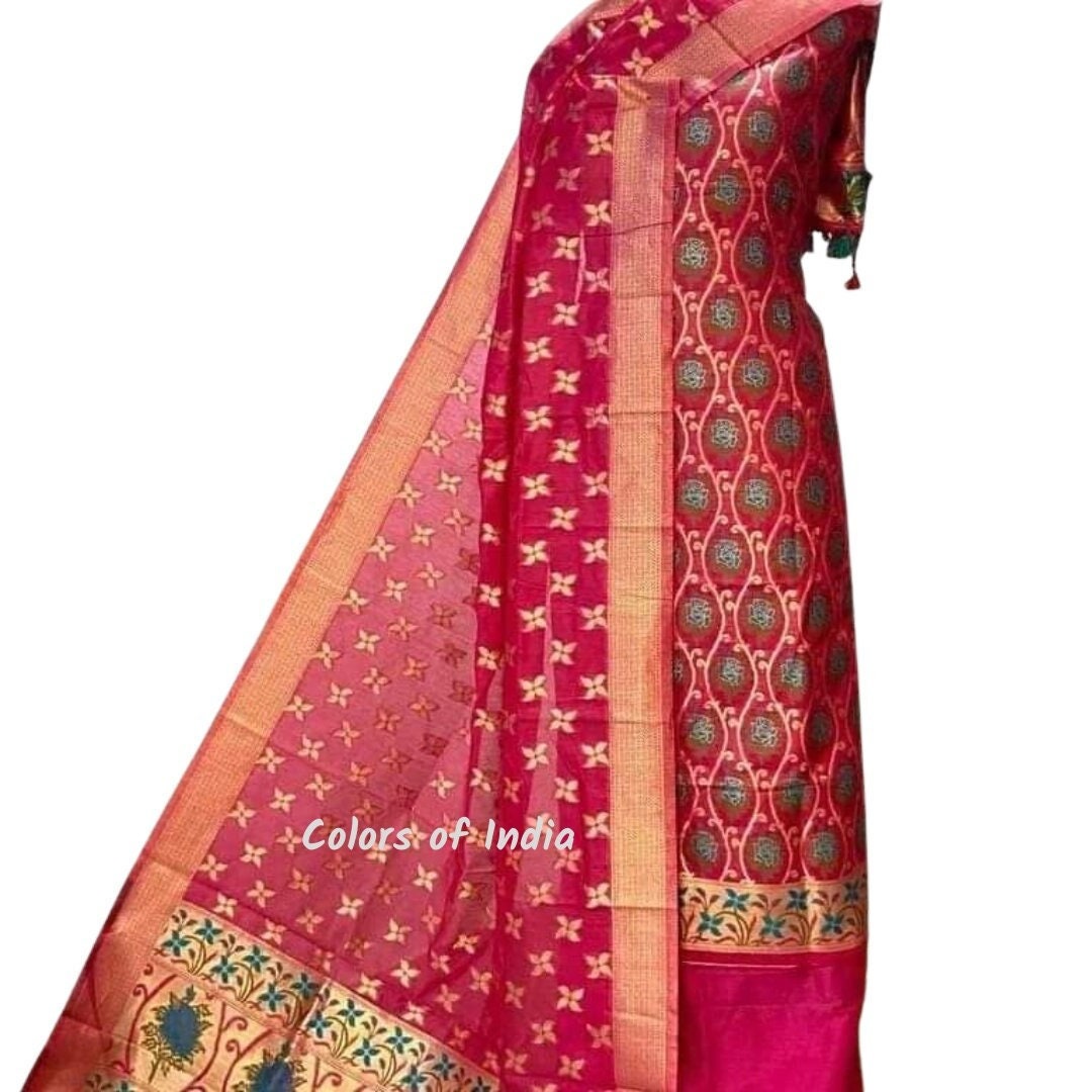 Pink with Black Unstitched Salwar Suit main image 1