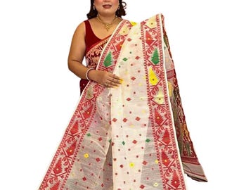 Sari de algodón Jamdani tejido a mano / Sari bengalí ligero de verano