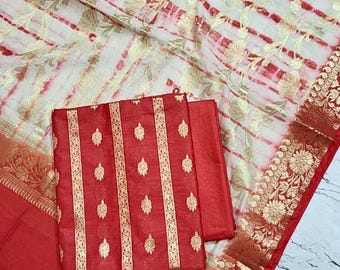 Elegant Banarasi Chanderi-kostymset med Zari Kurta och Dupatta för festliga tillfällen