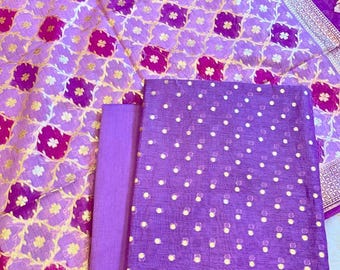 Handgeweven ongestikte banarasi-chanderi-katoenen set met dupatta | Feestelijke etnische kleding voor dames