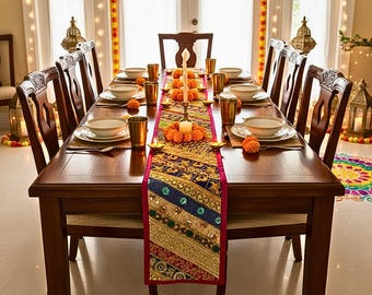 Handmade Pink Embroidered Table Runner | Indian Diwali Decor, 59 Inches
