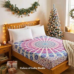 Blue Pink Mandala Cotton Bedsheet Twin Size With 2 White Pillow Covers image 2