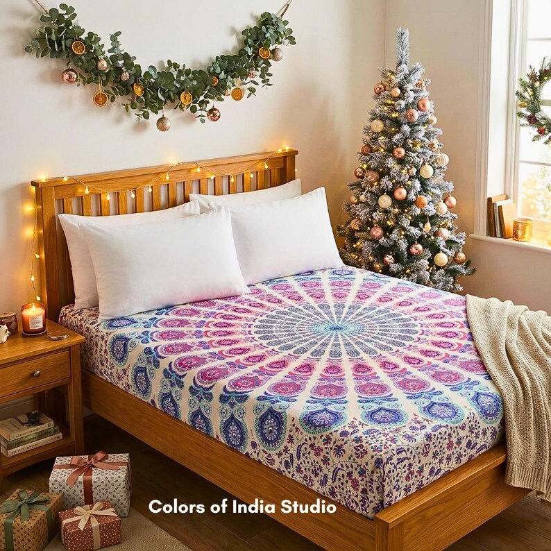 Blue Pink Mandala Cotton Bedsheet Twin Size With 2 White Pillow Covers image 2