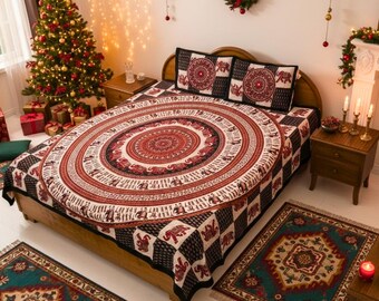 Black Elephant Print Queen Bedding Set, Indian Cotton Bedspread