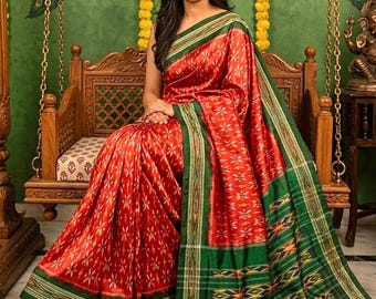Pure Ikat Silk Saree Handwoven | Indian Handloom Saree with Contrast Border