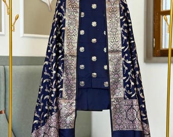 Banarasi sidenblandad salwarkostym, festlig indisk festklädsel, traditionell etnisk outfit