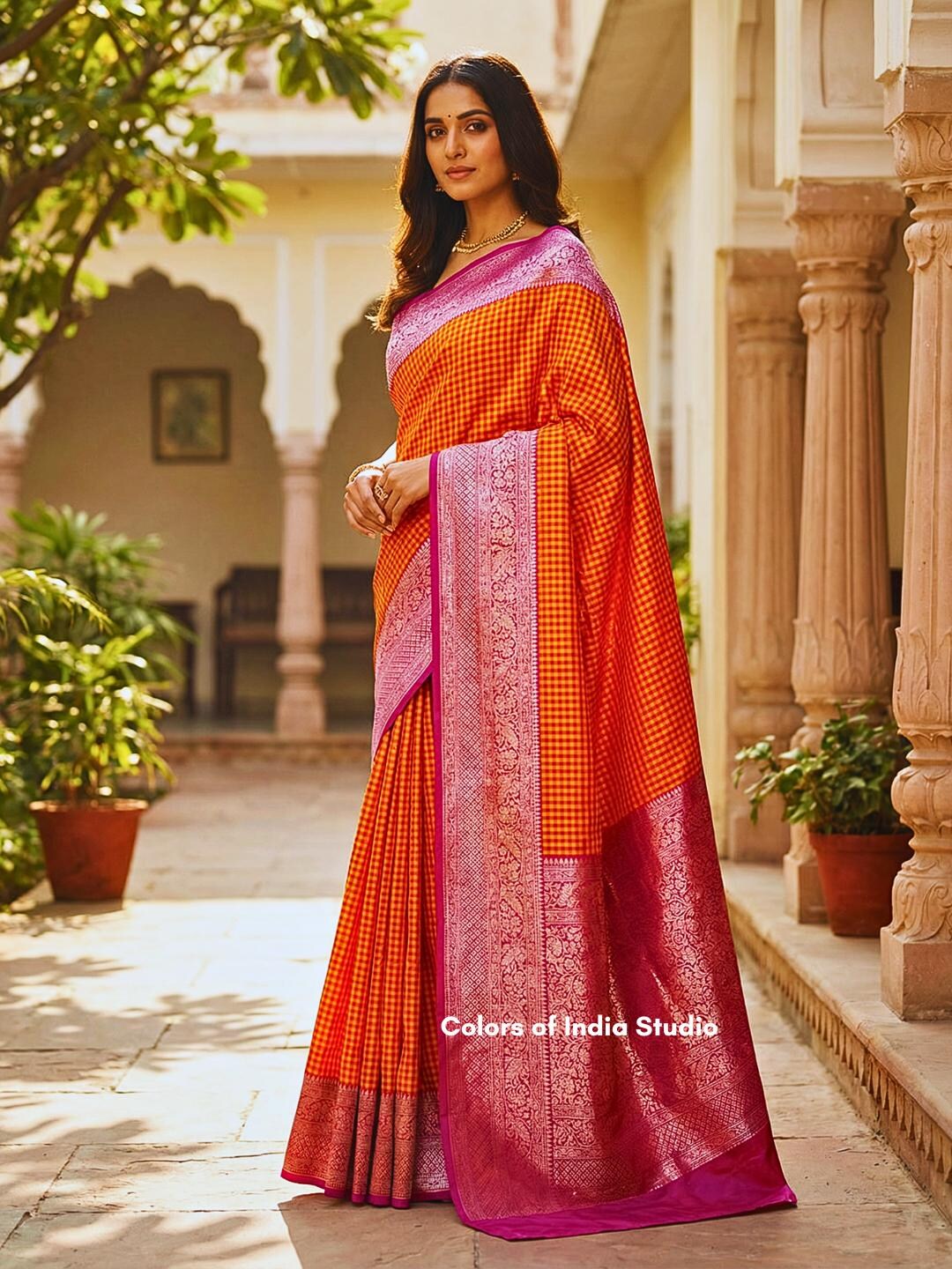 Sari Banarasi Soie Douce Litchi Pour Femme – Tissage Jacquard Zari Or Et Argent, Avec Blouse, Tendance Bollywood