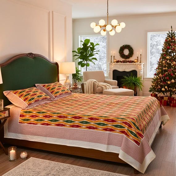 Handgemachte Ikat Baumwolle Tagesdecke Queen Size | Handgewebte Bettwäsche aus 100% Baumwolle