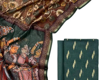 Handgemaakt pak van Chanderi-katoen met Pichwai-geprinte dupatta