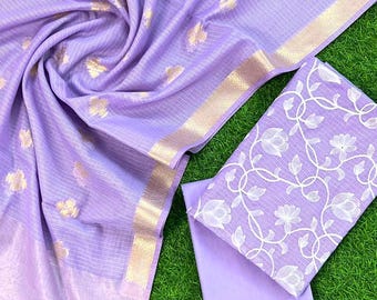 Elegante kota-geruite geborduurde kostuumset – lichtgewicht materiaal zomerjurk voor dames