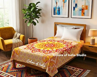 Yellow Red Mandala Bedsheet Twin Size with 2 White Pillow Covers