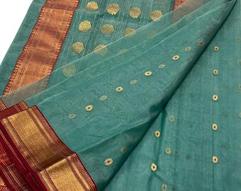 Teal Silk Chanderi Saree with Gold Zari Border for Durga Puja, Weddings and Festive Celebrations