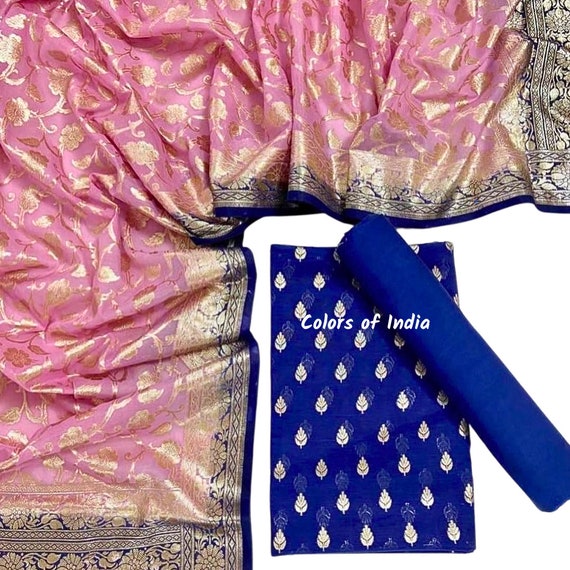 open lace back dress Peacock Blue Party Wear Unstitched Dress Material – AMAYORA & CO main image 1