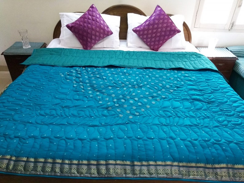Festival Decor Throw Blanket Blue Quilt FREE SHIPPING Silk Queen Bedding set