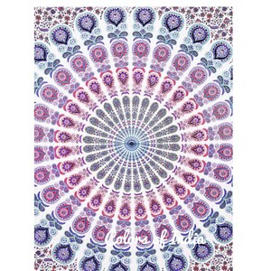 May include: A white tapestry with a large, colorful mandala design. The mandala features shades of pink, purple, blue, and green. The design is intricate and detailed, with a variety of patterns and shapes.