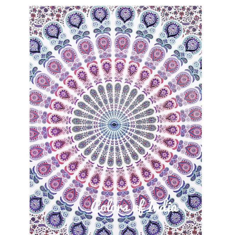 May include: A white tapestry with a large, colorful mandala design. The mandala features shades of pink, purple, blue, and green. The design is intricate and detailed, with a variety of patterns and shapes.