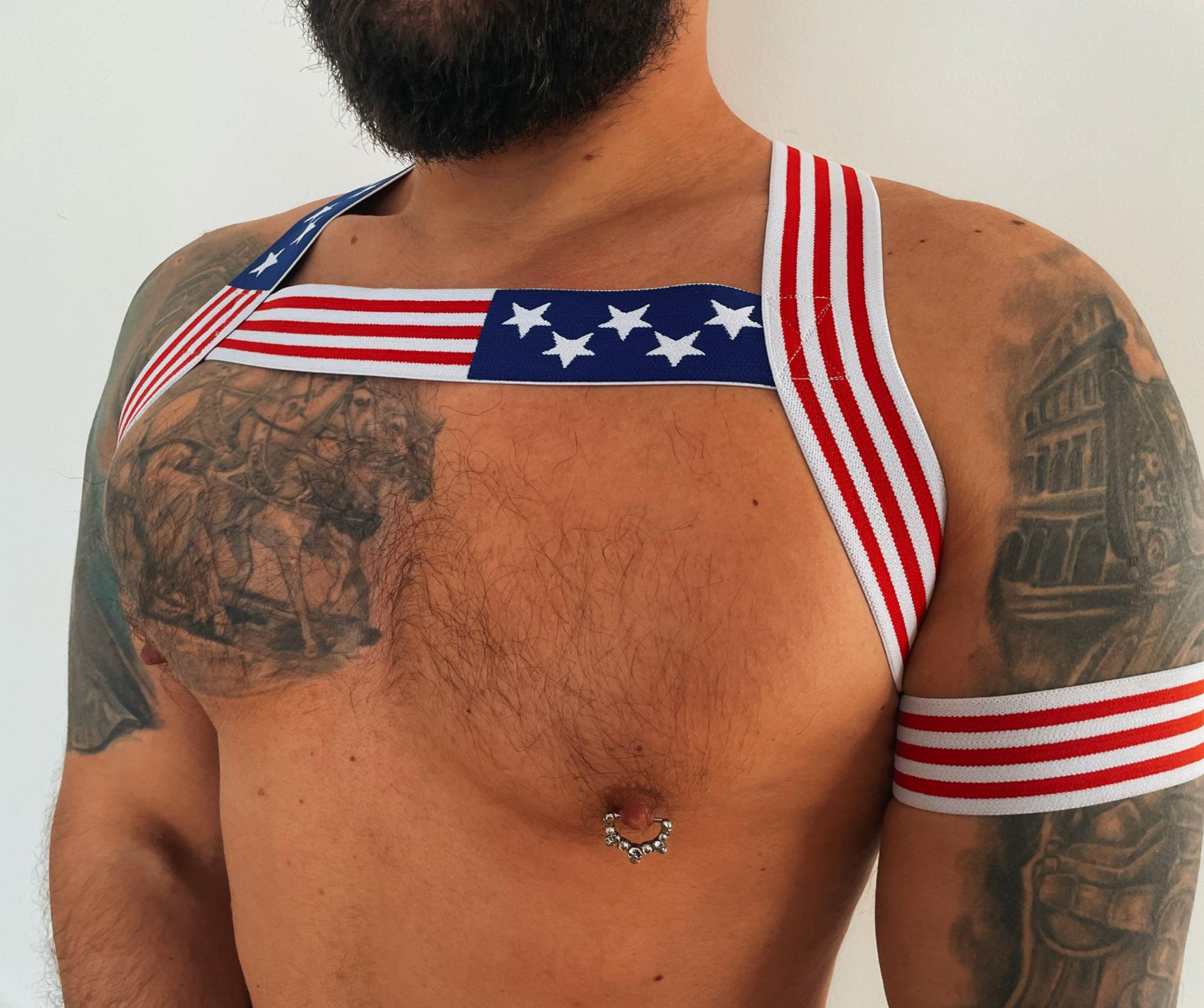 Elastischer Körper Brust Männer USA Muster Harness weiches breites Gummiband Bondage Nachtclub Gay Dessous Unterwäsche Clubwear Bühne Kostüm