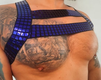 Elastische Körper Brust lila blau golden Laser reflektierenden Herren Harness plus Armband Nachtclub Gay Pride Outfit Clubwear Bühne Kostüm