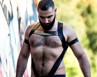 Schwarz Gold & Leder Elastischer Schultergurt elastisch Gay Outfit LGBT Gay Pride Männer Körpergurt Gay Bondage Gay Clubwear Cockring Leder