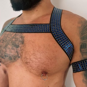 Shiny sparkle blue/ red elastic male harness for gay pride parties, gay outfit, gay harness + arm band.